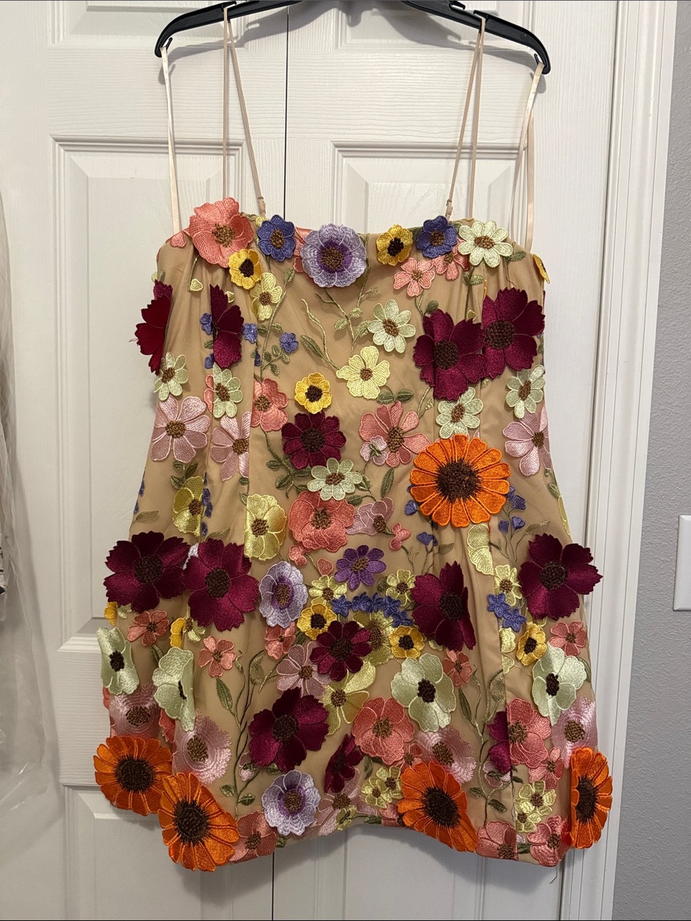 Floral Embroidered Beige Dress with Multicolor Appliquรฉ